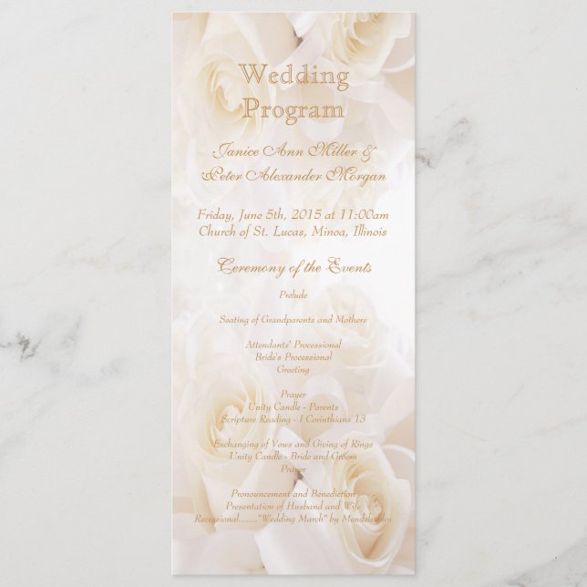 White cream roses Wedding program (Front)