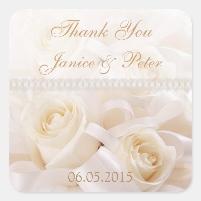 White cream roses Wedding Thank you Square Sticker (Front)