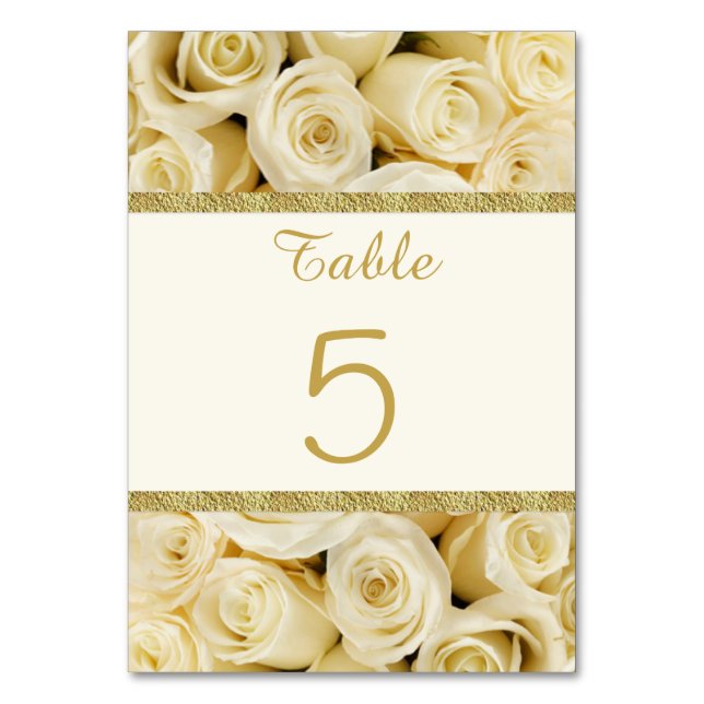 White cream roses with a gold coloured boarder table number (Front)