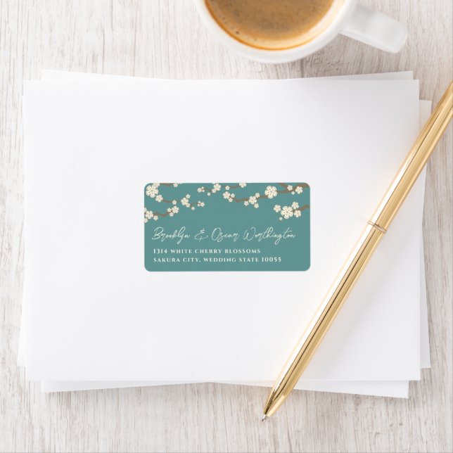 White Cream Sakura Cherry Blossoms Asian Wedding Label (Insitu)