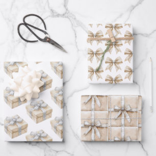 White Cream Silver Sparkle Bows Gifts Christmas Wrapping Paper Sheet