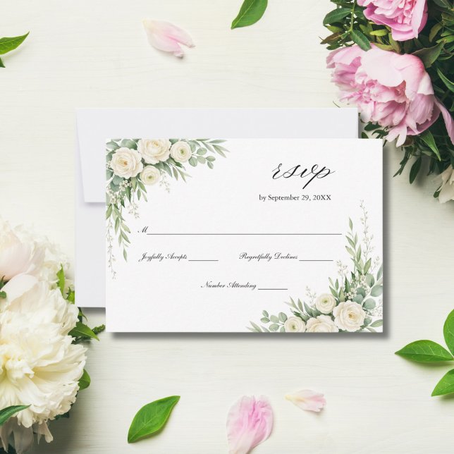 White Cream Watercolor Florals Roses Wedding  RSVP Card (White Cream Watercolor Florals Roses Wedding RSVP card)