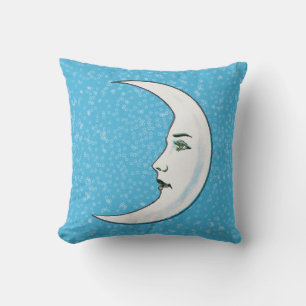 White Crescent Moon Face Black Lips Stars Blue Cushion