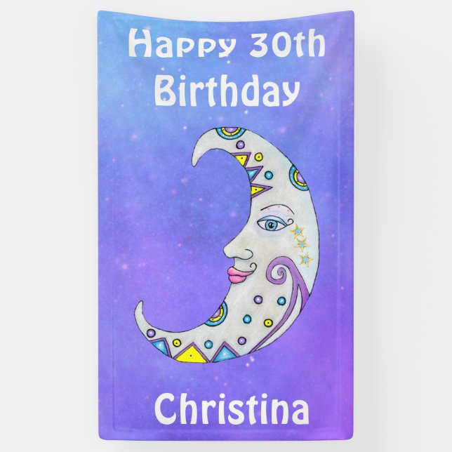 White Crescent Moon Face Colourful Abstract Shapes Banner (Vertical)