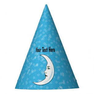 White Crescent Moon With Face Stars Aqua Blue Party Hat
