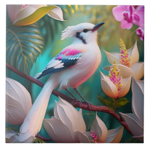 White Crested Blush Chested Fantasy Bird Ceramic Tile