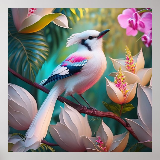 White Crested Blush Chested Fantasy Bird Poster (Front)