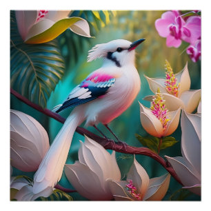 White Crested Blush Chested Fantasy Bird Poster