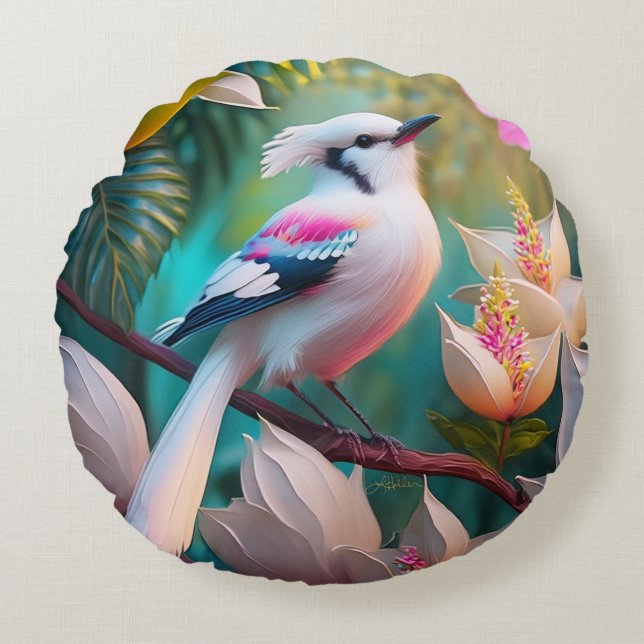 White Crested Blush Chested Fantasy Bird Round Cushion (Front)