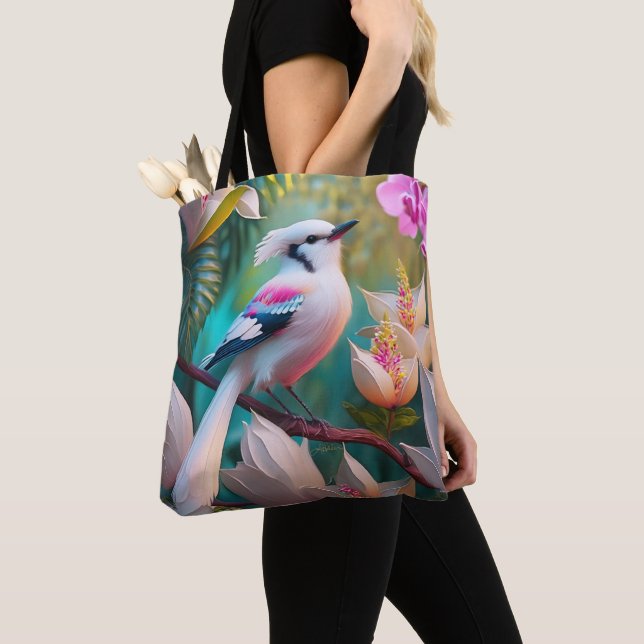 White Crested Blush Chested Fantasy Bird Tote Bag (Close Up)