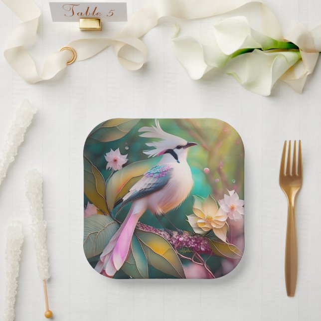 White Crested Blush Tail Jay Fantasy Bird Paper Plate (Wedding)