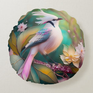 White Crested Blush Tail Jay Fantasy Bird Round Cushion