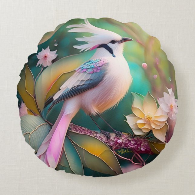 White Crested Blush Tail Jay Fantasy Bird Round Cushion (Front)