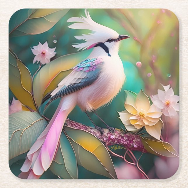 White Crested Blush Tail Jay Fantasy Bird Square Paper Coaster (Front)