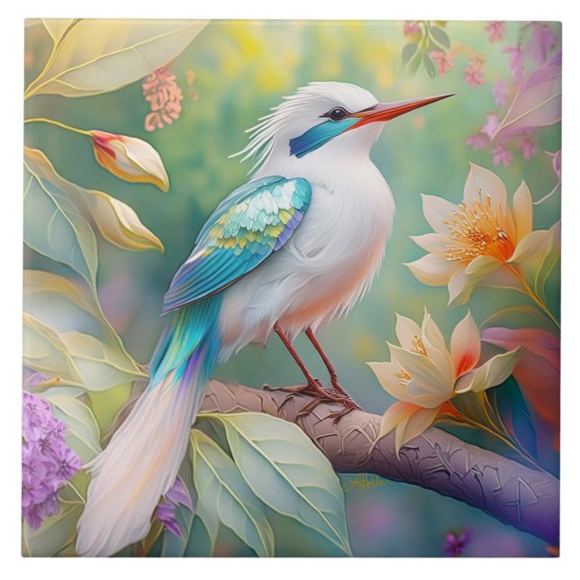 White Crested Iridescent Teal Wing Fantasy Bird Ceramic Tile (Front)