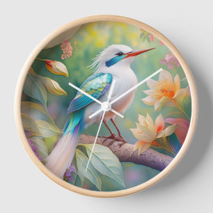 White Crested Iridescent Teal Wing Fantasy Bird Clock
