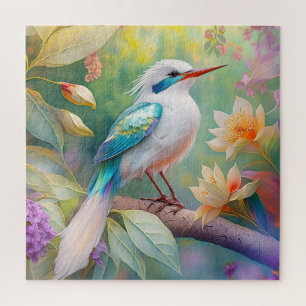 White Crested Iridescent Teal Wing Fantasy Bird Jigsaw Puzzle