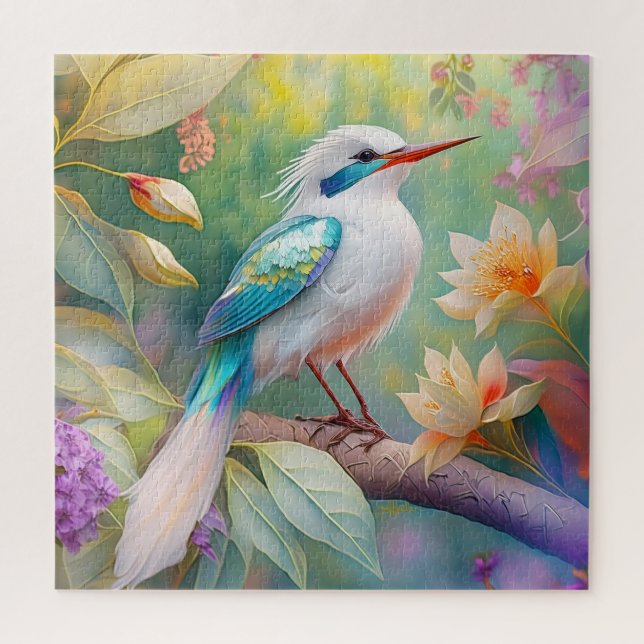 White Crested Iridescent Teal Wing Fantasy Bird Jigsaw Puzzle (Vertical)