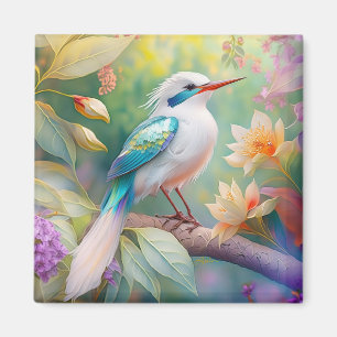 White Crested Iridescent Teal Wing Fantasy Bird Magnet