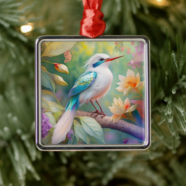 White Crested Iridescent Teal Wing Fantasy Bird Metal Ornament (Tree)