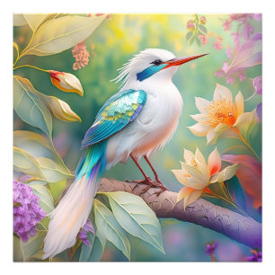 White Crested Iridescent Teal Wing Fantasy Bird Photo Print