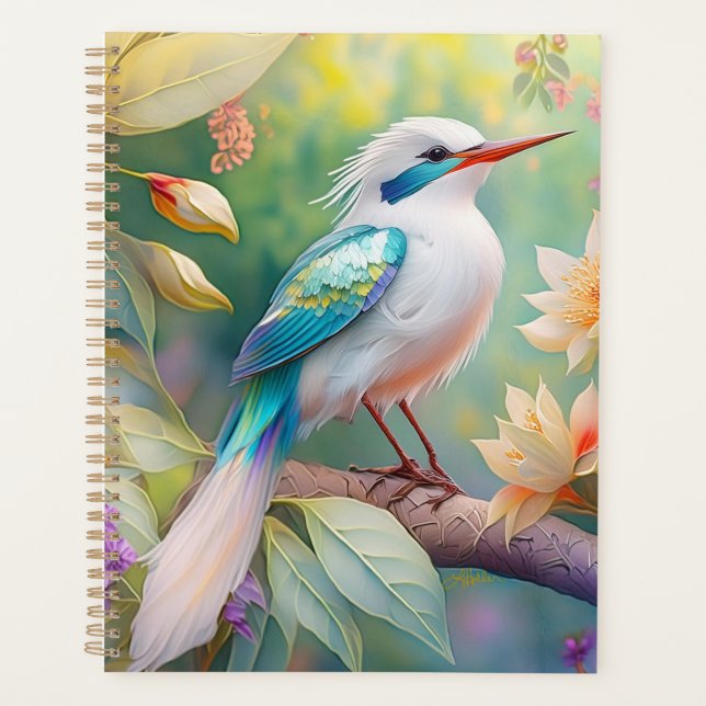 White Crested Iridescent Teal Wing Fantasy Bird Planner (Front)