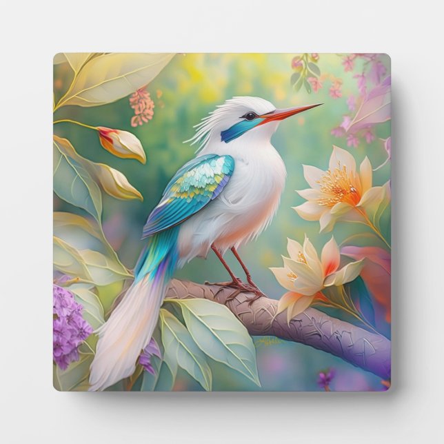 White Crested Iridescent Teal Wing Fantasy Bird Plaque (Front)
