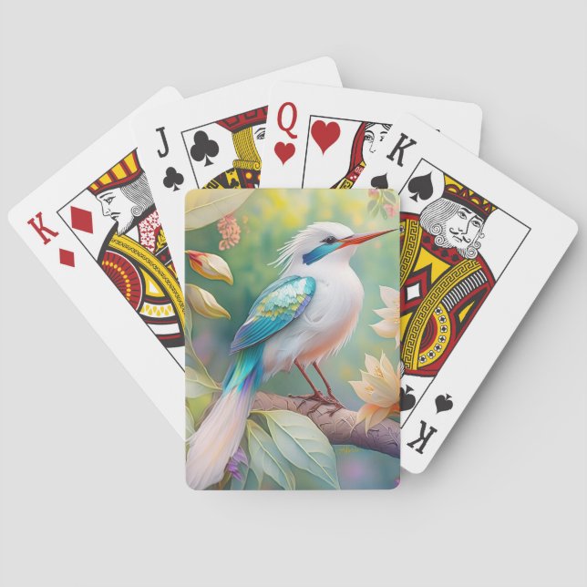 White Crested Iridescent Teal Wing Fantasy Bird Playing Cards (Back)