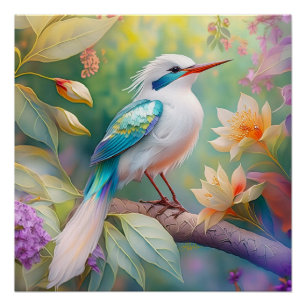 White Crested Iridescent Teal Wing Fantasy Bird Poster