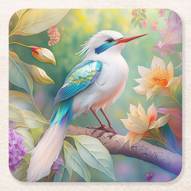White Crested Iridescent Teal Wing Fantasy Bird Square Paper Coaster (Front)