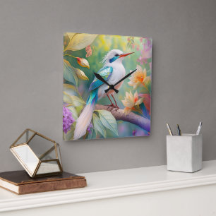White Crested Iridescent Teal Wing Fantasy Bird Square Wall Clock
