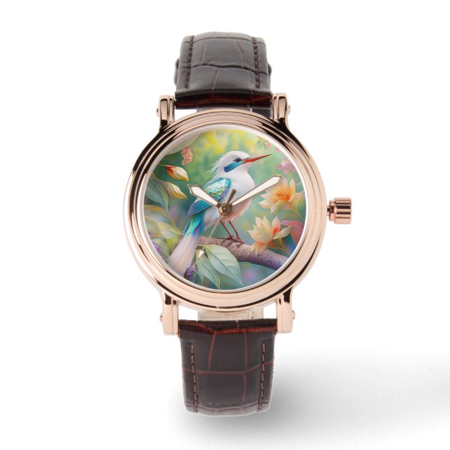 White Crested Iridescent Teal Wing Fantasy Bird Watch (Front)