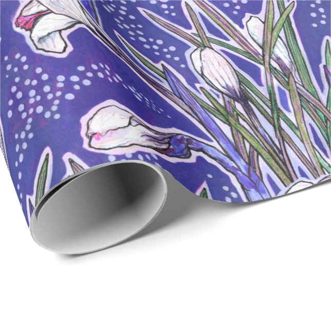 White Crocuses Garden Flowers Botanic Floral Blue Wrapping Paper (Roll Corner)