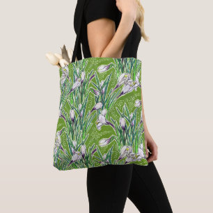 White Crocuses Garden Flowers Botanic Floral Green Tote Bag