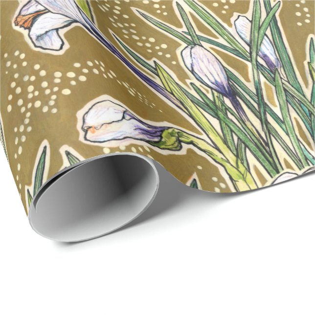 White Crocuses Garden Flowers Botanic Floral Olive Wrapping Paper (Roll Corner)