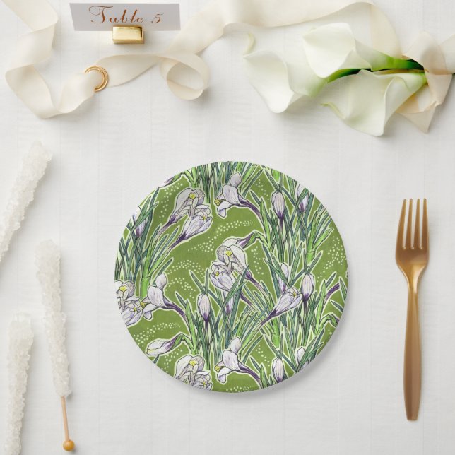 White Crocuses Spring Flower Floral Pattern Green Paper Plate (Wedding)