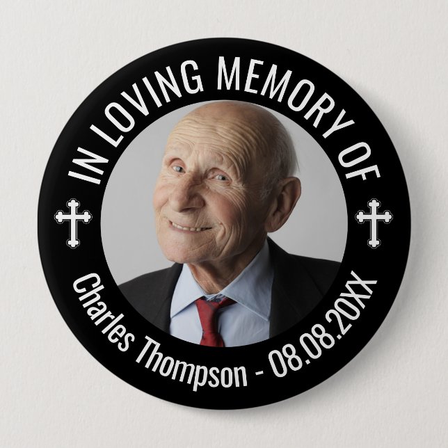 White Cross Black In Loving Memory Photo 10 Cm Round Badge (Front)