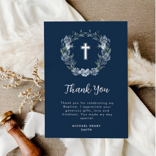 white cross blue floral baptism thank you card