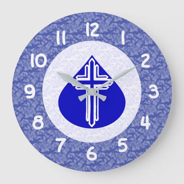 White Cross Blue Teardrop White - Blue Background Large Clock (Front)