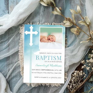 White Cross Blue Watercolor Photo Baptism Invitation