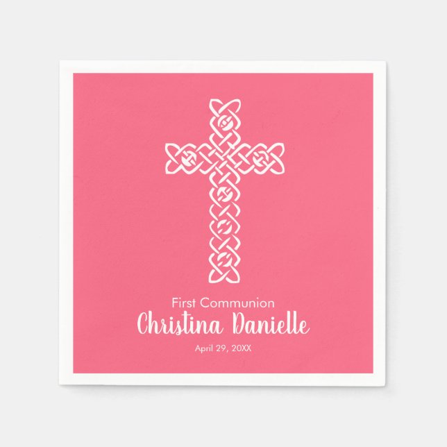 White Cross Bright Pink 1st Communion Religious Napkin (Front)