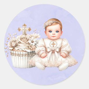 White Cross Cupcake with Girl Baptism  Classic Round Sticker