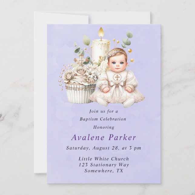 White Cross Cupcake with Girl Baptism Invitation (Front)