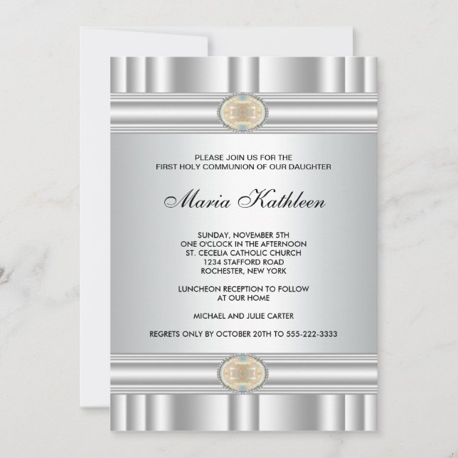 White Cross  Girls Elegant Gold First Communion Invitation (Front)