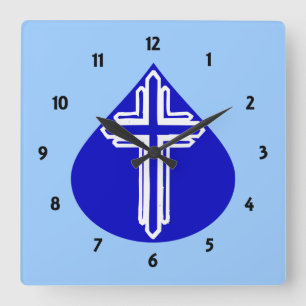 White Cross on Blue Teardrop design Square Wall Clock
