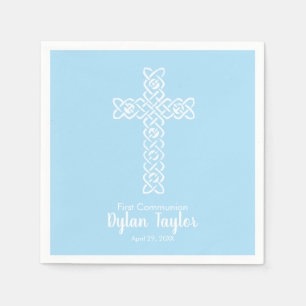 White Cross Pale Blue First Communion Religious Napkin