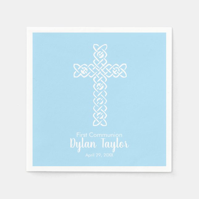 White Cross Pale Blue First Communion Religious Napkin (Front)