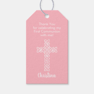 White Cross Pink Communion Baptism Christening Gift Tags