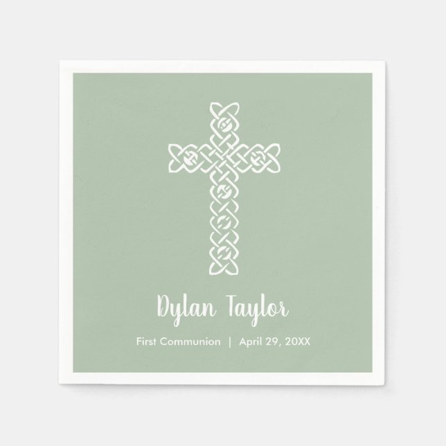 White Cross Sage Green First Communion Religious Napkin (Front)