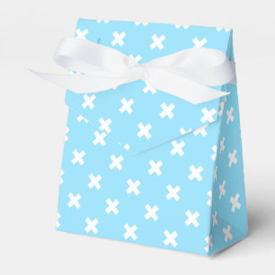 White cross stitches on baby blue favour box